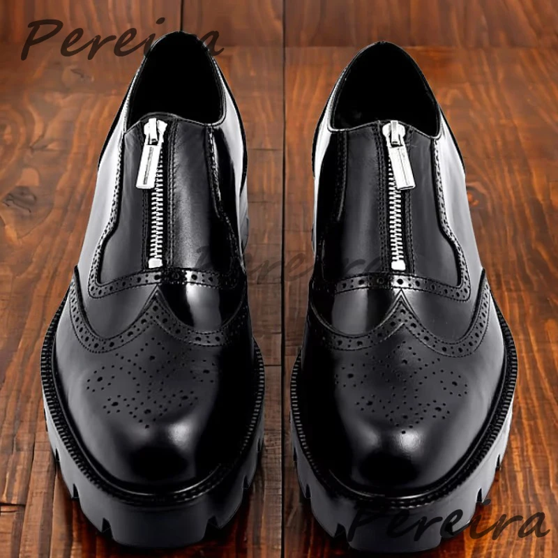 الرجعية منحوتة سميكة سوليد أحذية رجالية العصرية جلد طبيعي سستة ديكور أكسفورد أحذية النمط البريطاني حفلة الأعمال فستان الأحذية #2