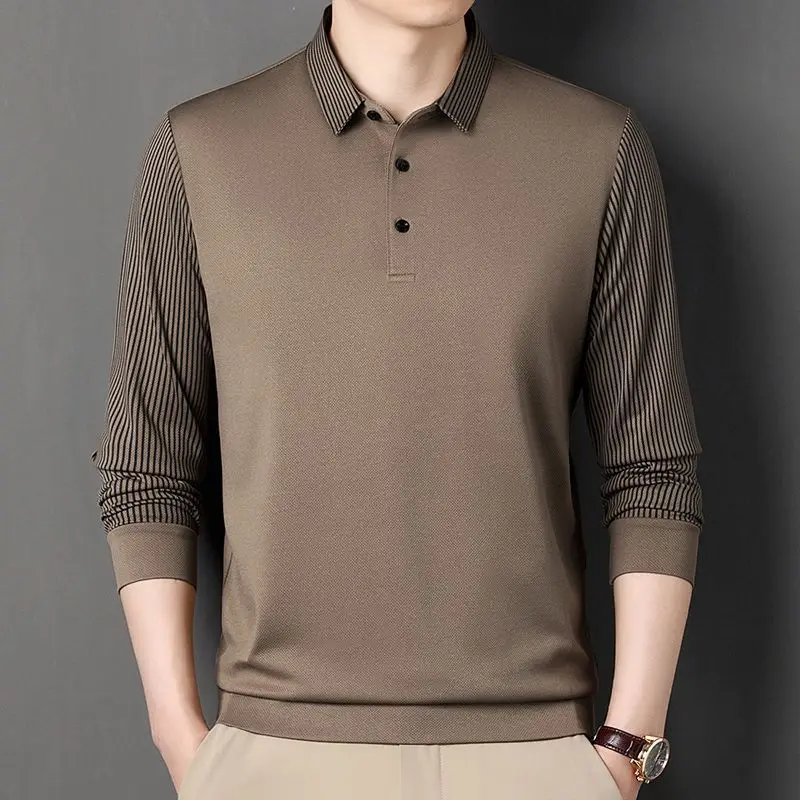

Модная мужская рубашка-поло с длинным рукавом, отложным воротником, полосатыми рукавами, легкая, в деловом стиле, для весенне-осенних образов ​