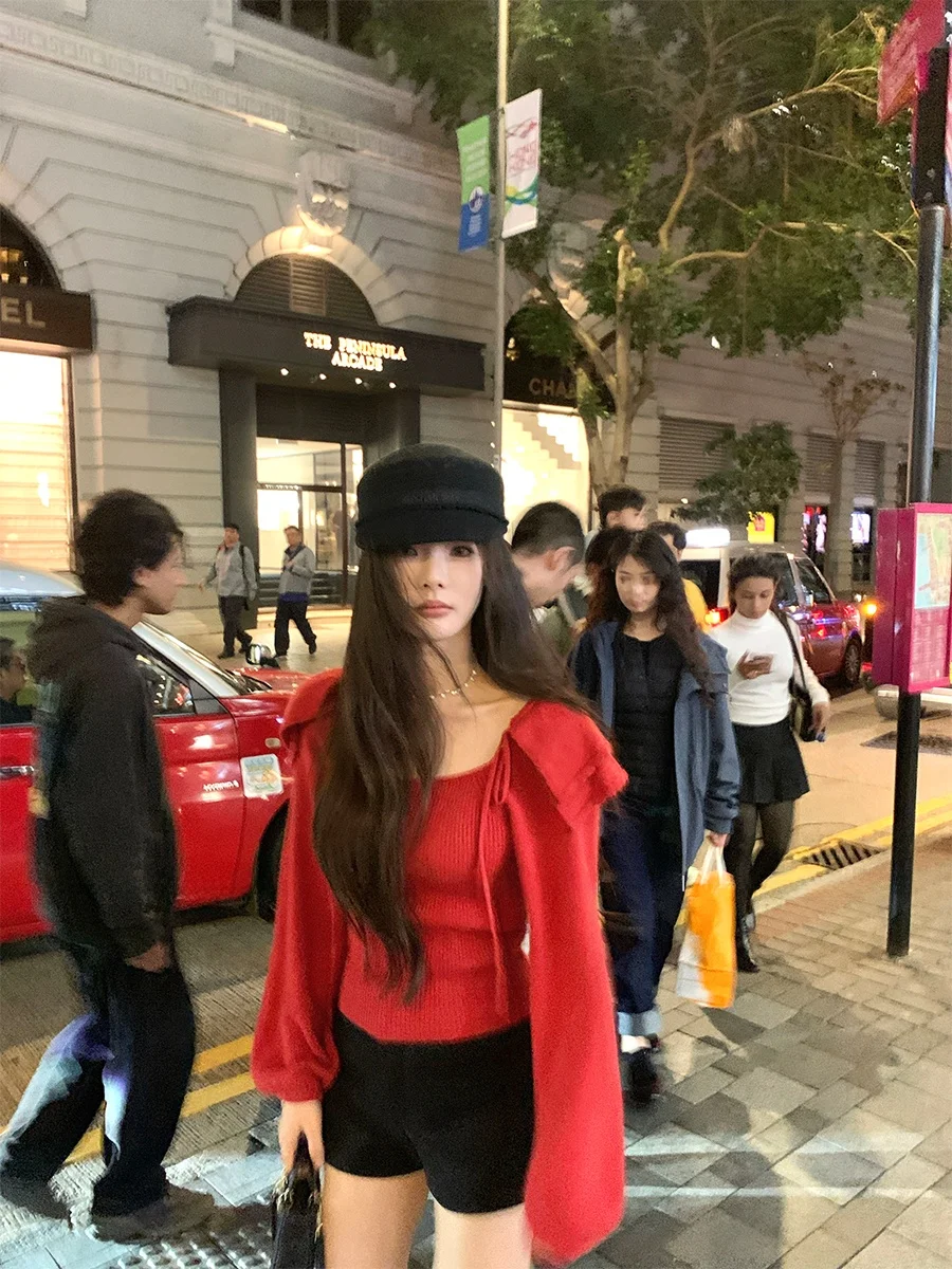 

Вязаный свитер CloudSweet Red Lantern Sve, облегающий, с отложным воротником, длинными рукавами, женский повседневный вязаный топ