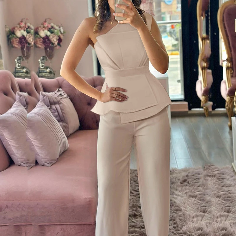 

Sexy Slant Shoulder Draped Blouse and Long Pant Set Women Elegant Sleeveless Slim Outfits Fashion Commuter Waist Solid 2Pc Suits