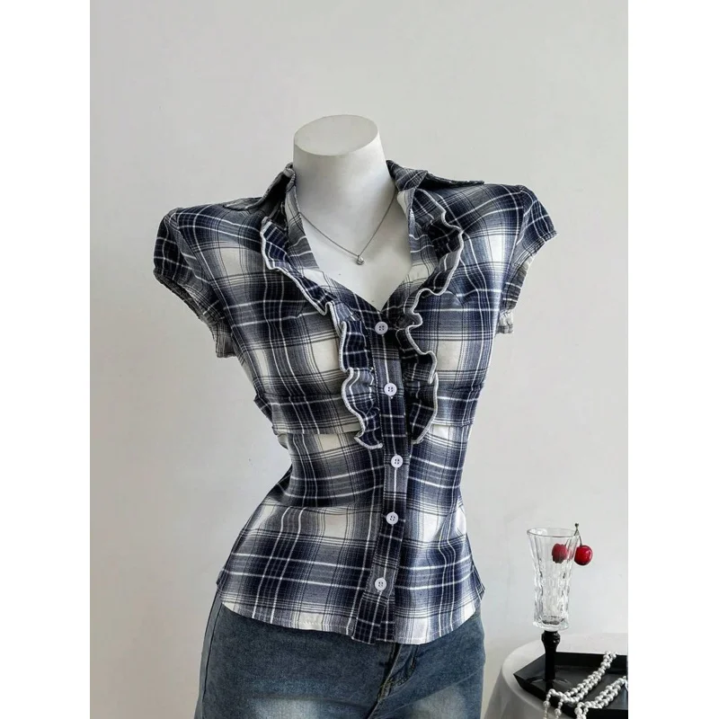 المرأة الصيف الحلو منقوشة قصيرة الأكمام قميص أعلى الخامس الرقبة كشكش وزر الديكور التخسيس النمط الأوروبي أعلى وصول جديد