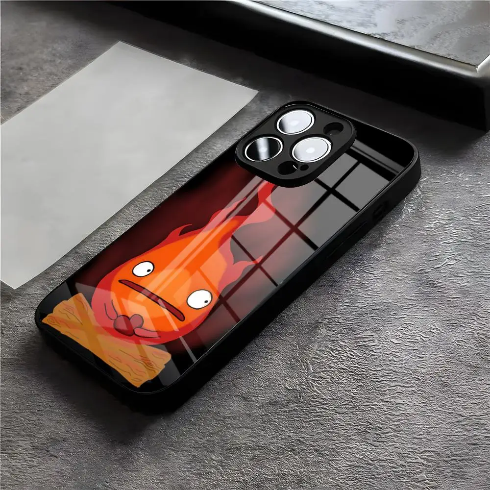 C-Calcifer H-Howls Moving C-Castle Handyhülle für iPhone 17 Air 16 E Pro Max 15 14 13 Mini 12 Pro 11 Max Plus Schwarze Glasabdeckung