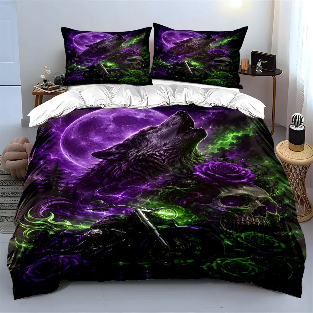 Purple Wolf Moon Skull Motorcycle Duvet Print Bedding Set 1 Duvet Cover 2 Pillowcases for Adult and Children Luxury Gift