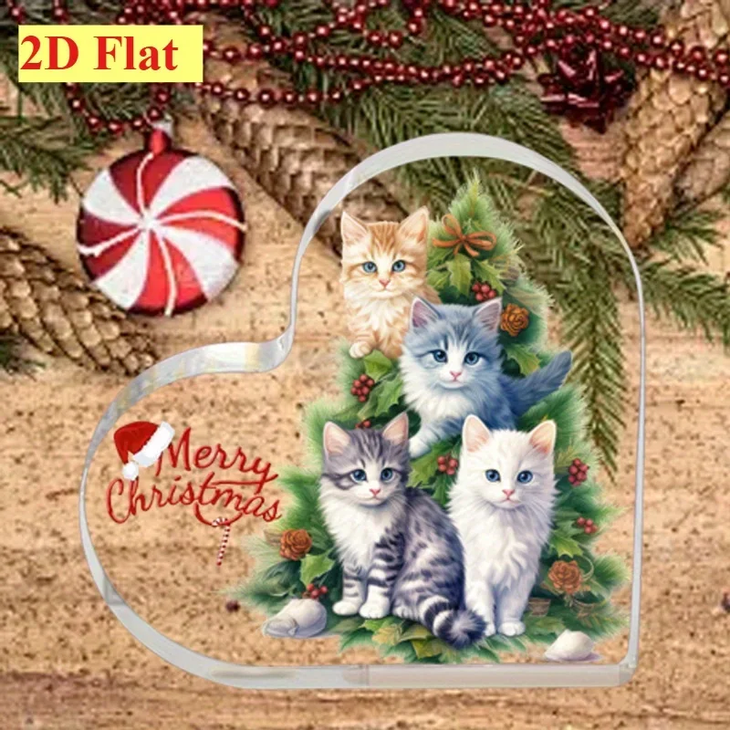 Merry Christmas Heart‑Shaped Acrylic Plaque, Cute Kitten Christmas Tree Table Decor