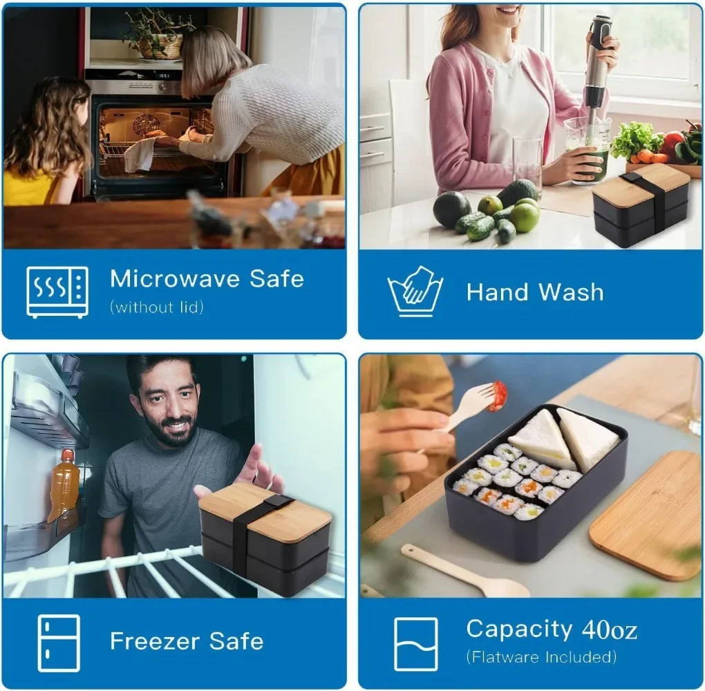 Bento-Lunchbox für Erwachsene, 2-stufiges Aufbewahrungsbehälter-Set für Lebensmittel mit Besteck für Kinder/Kinder, zerkleinerer, mikrowellengeeignet und spülmaschinenfest – Detail 11