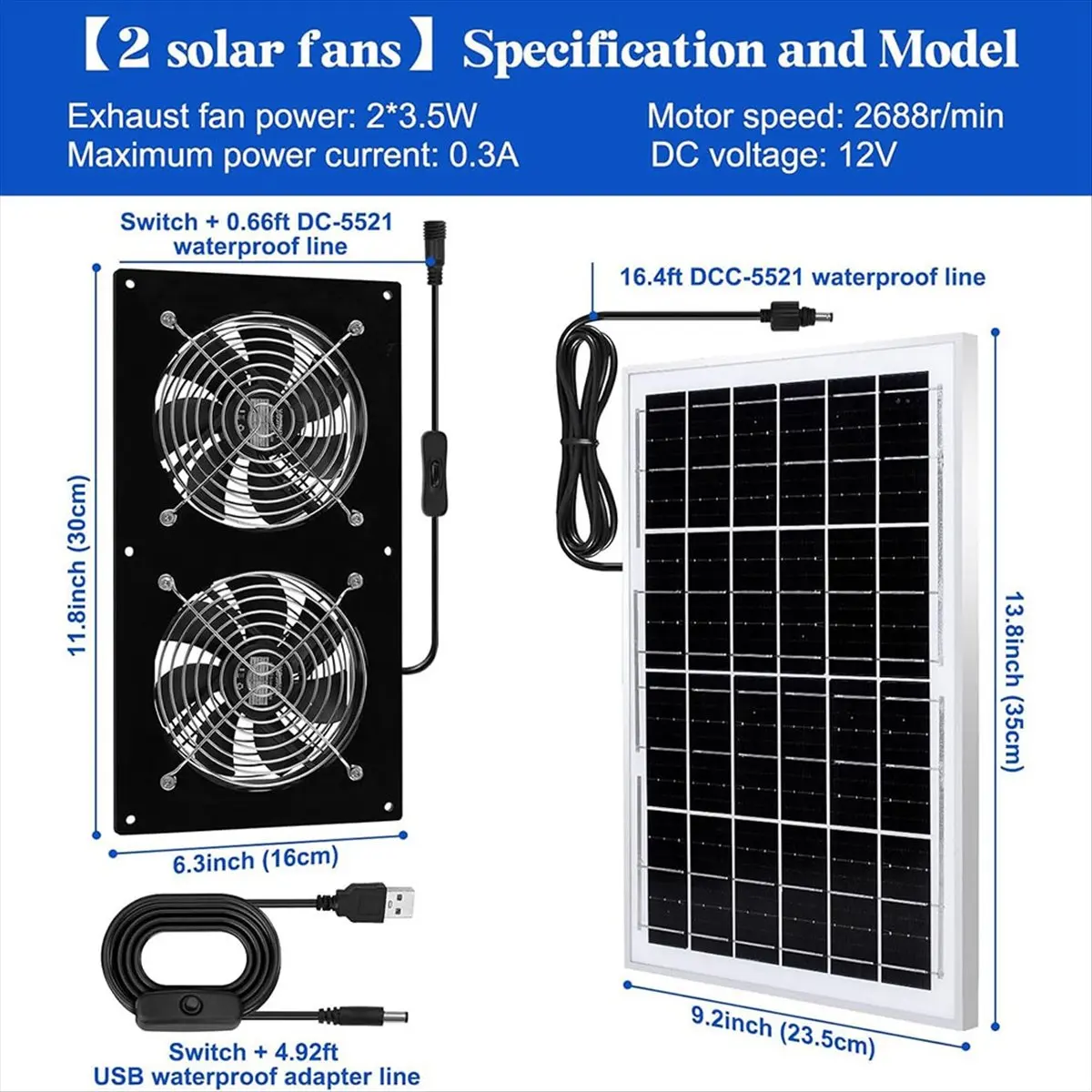 Fits for Solar Exhaust Fans & Powered Fan with 15W Panel 2Pack High-Speed Brushless DC Fans,Solar Ventilation Fan for Greenhouse
