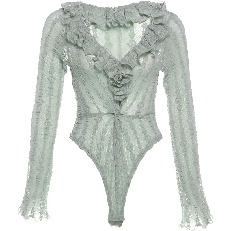 Weird Puss Rüschenrand-Patchwork-Bodysuits für Damen, modisch, schlicht, durchsichtig, geraffter V-Ausschnitt, lange Ärmel, Hottie-Party-Clubwear – Detail 2