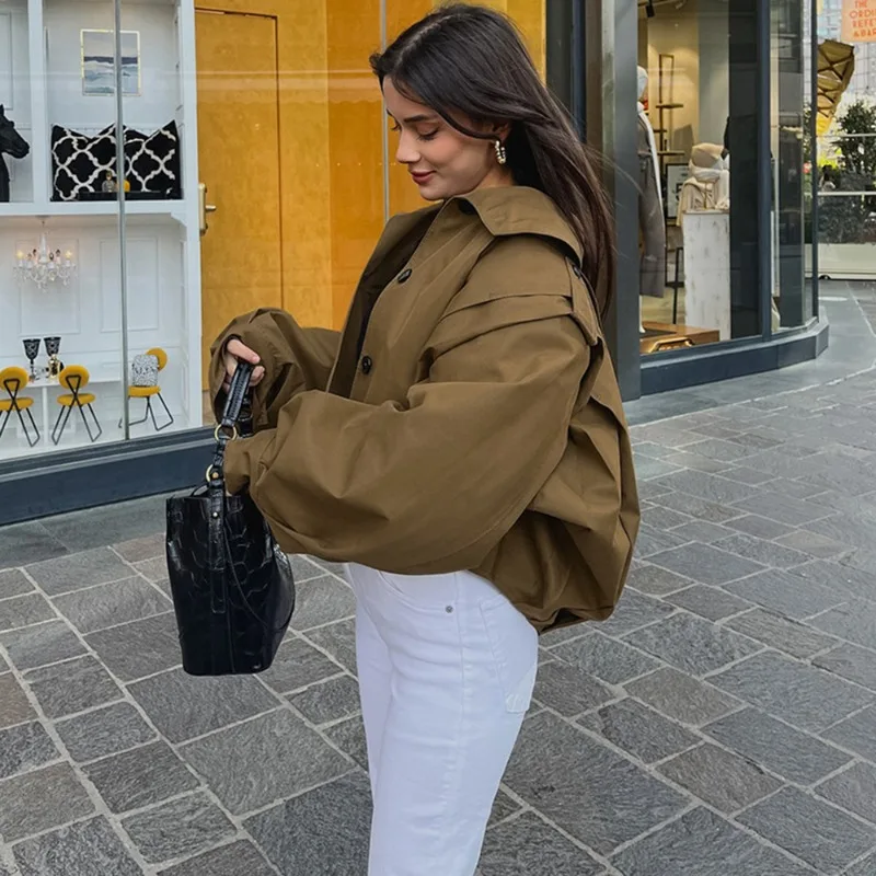 Talenza Women Jackets Brown Pleated Jacket Spring Autumn 2025 Cropped Bomber Button Long Sleeve Coats Outerwears Aviator Jackets