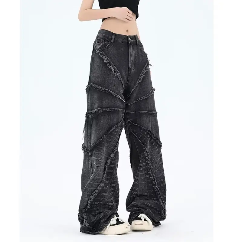 American Vintage Destruction Spider Web Furred Jeans Men Y2k 2024 Harajuku Fashion Casual Personality Fried Street Slacks Tide