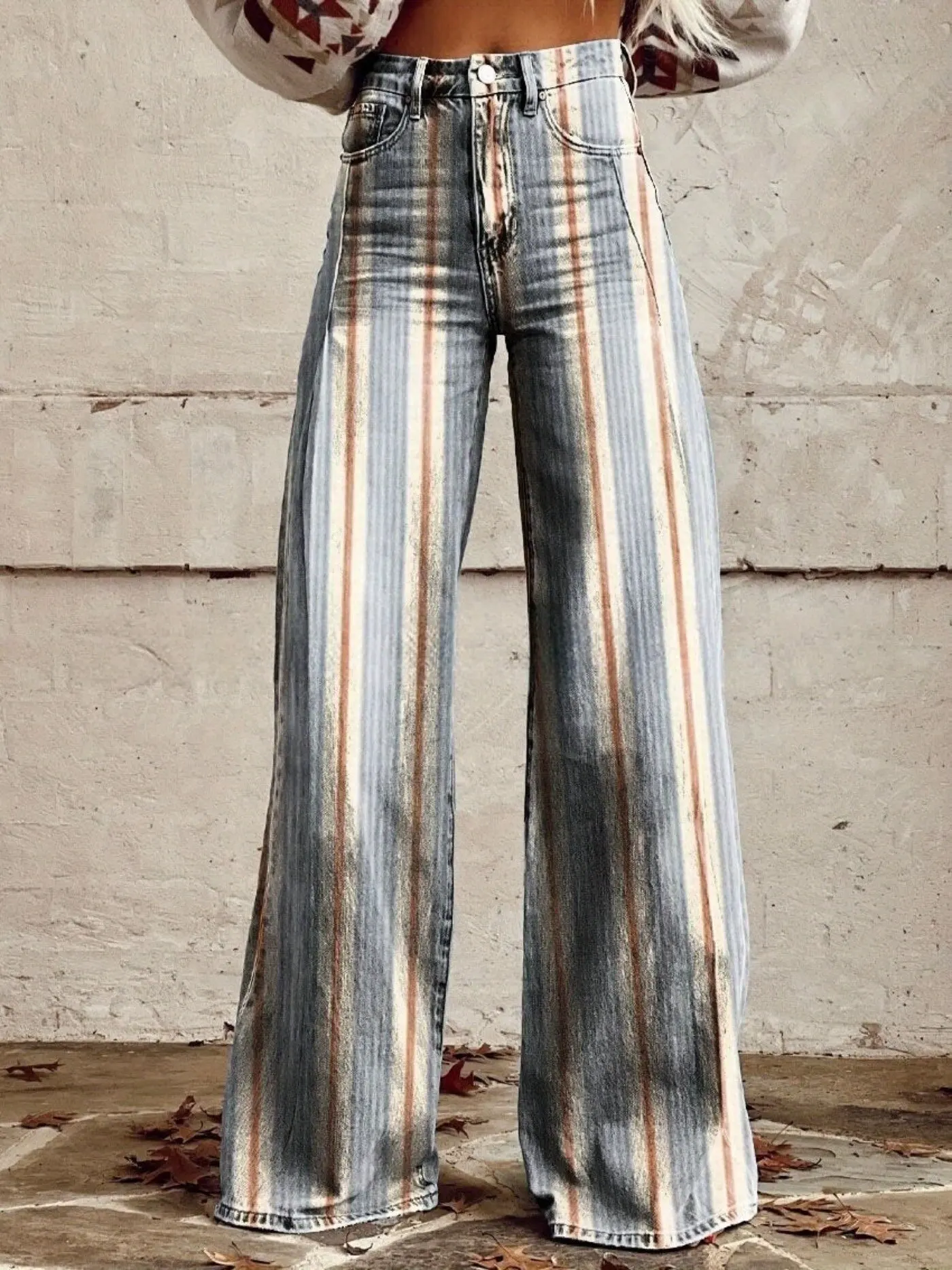 2026 Wide Leg Pants Women's Bohemian High Waist Multi Color Splicing Slim Straight Leg Pants Fashion Women's Beach Pants New Sty