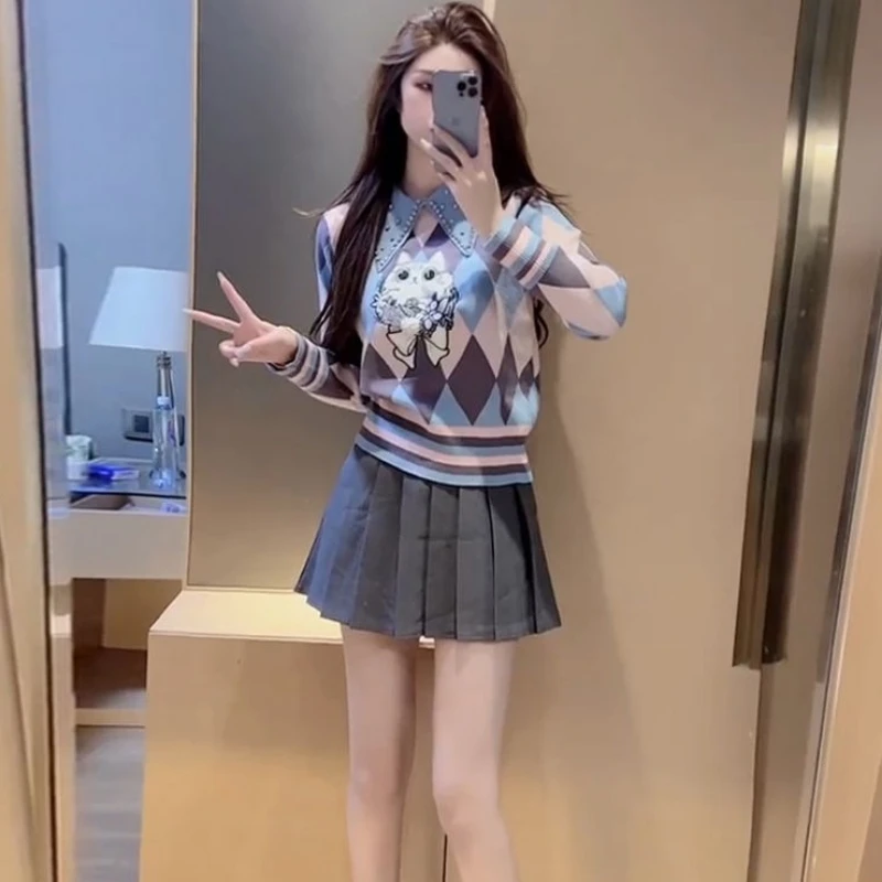 

Autumn Winter Embroidery Beading Lapel Sweet Knit Sweater Long Sleeve Pullover Cropped Jacket Short Tops Plaid Bottom Shirt New