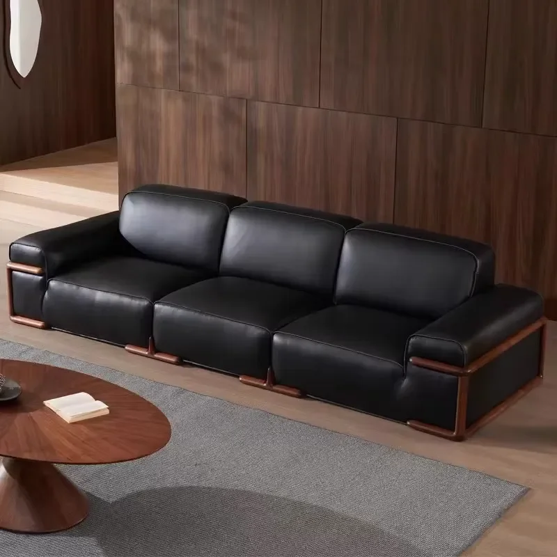 Italian Minimalist Three-Seat Straight Row Sofa North American Black Walnut Solid Wood First Layer Genuine Leather for Living