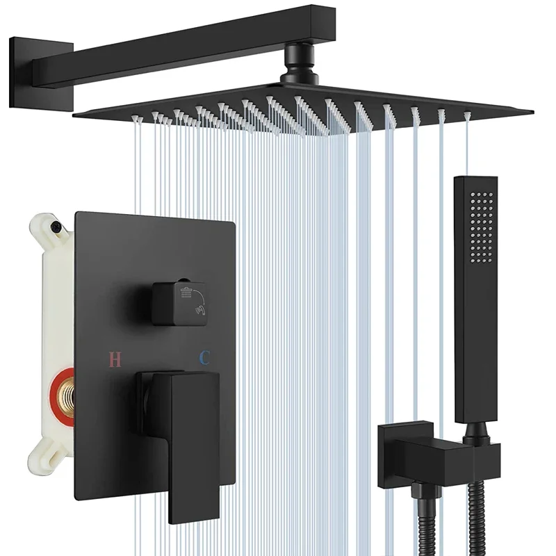 Matte Black Shower Faucets Set Rain Waterfall Concealed  System Wall Mount Bathtub Shower Mixer Shower Combo Set