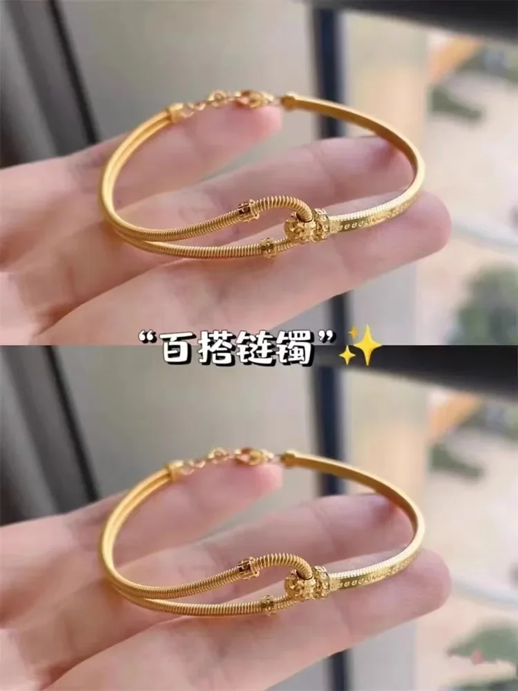 Pure gold AU999 24K real gold spring horseshoe buckle bracelet C-shaped interlocking bracelet adjustable AB chain bracelet