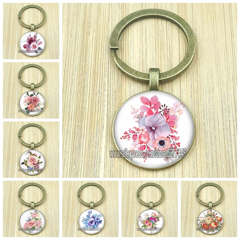 Beautiful Peony Flower Women Bronze Keychain Fashion Mixed Flower Rose Glass Key Ring Chrysanthemum Key Holder for Women