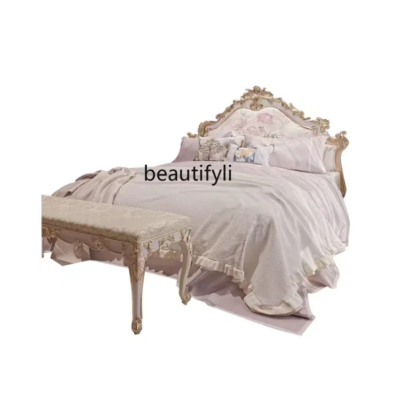 

ss7486 French light luxury romantic princess bed, European solid wood bed, cream-colored carving, master bedroom solid wood bed
