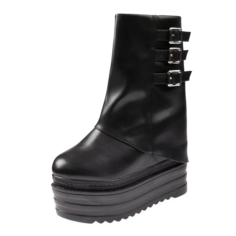 

Round Toe Thick Sole Trouser Boots Women Belt Buckle Side Zipper Solid Leather Casual Mid Calf Boots 2025 Super High Heels Boots