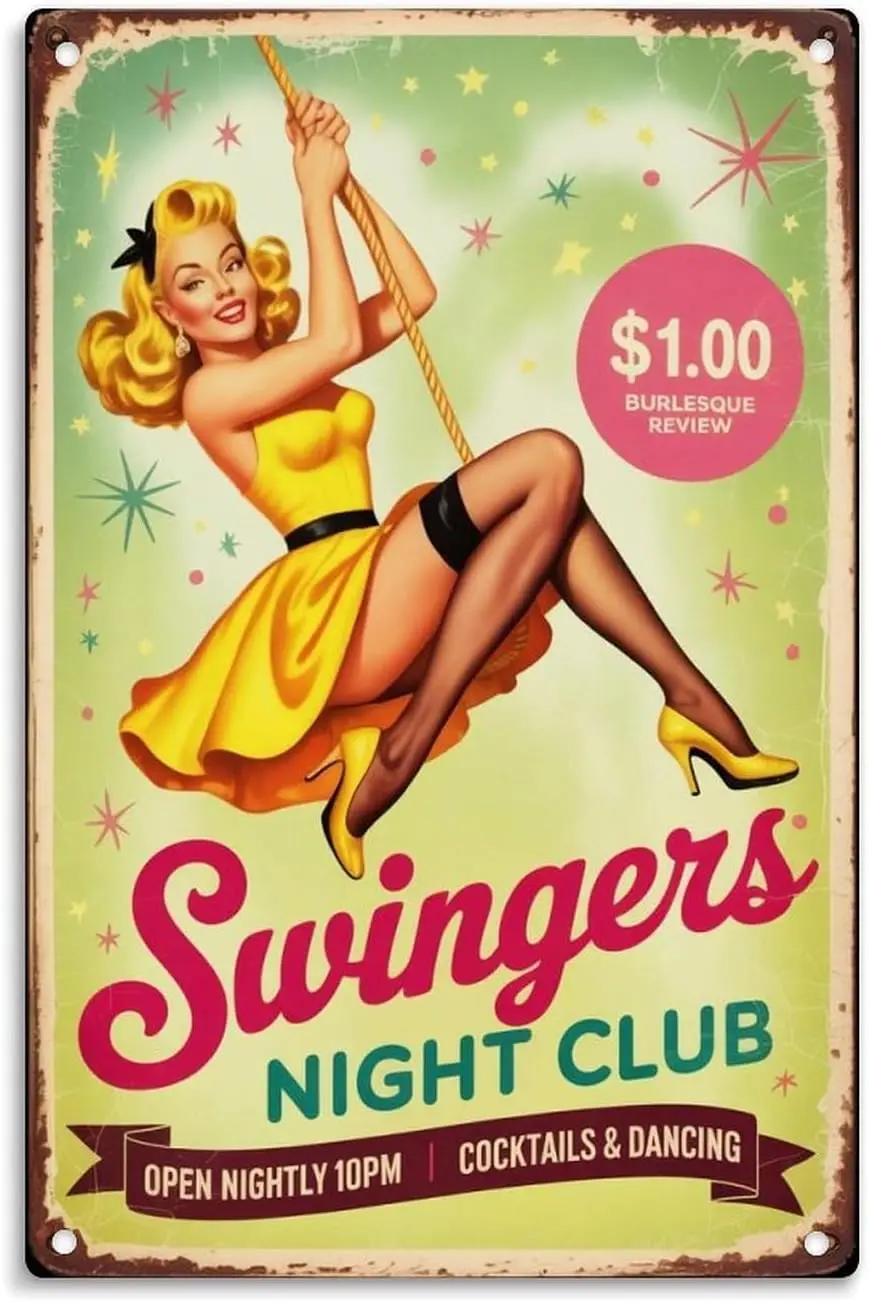 Vintage Pin Up Girl Swingers Night Club Metal Sign Print Aesthetic Room Decoration for Home Bedroom Kitchen Bar Dorm Bathroom Wa