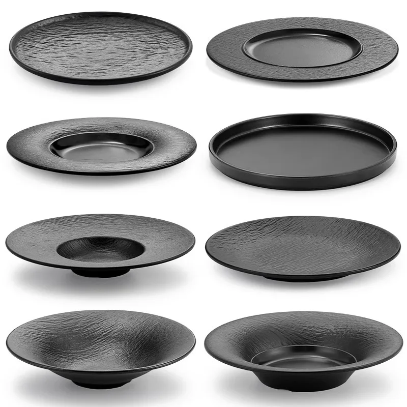 1 Pc Melamine Plate Japanese Plastic Black Disc Fire Western Style Beef Flat Plate Commercial