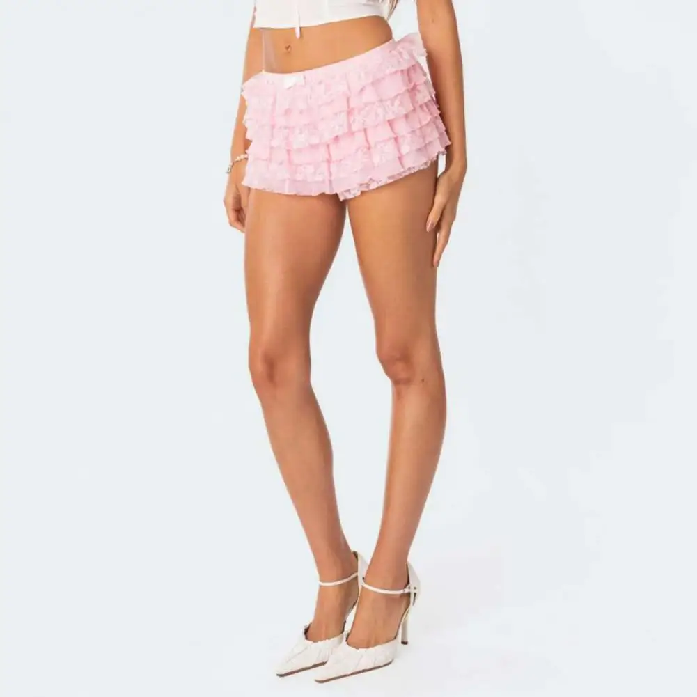 Lolita Bloomer Shorts Ruffle Bow Embellished Shorts Lolita Style High Waist Beach Shorts with Ruffle Lace Trim for Daily