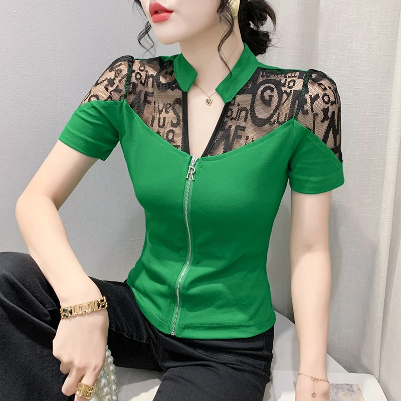 MadBlack Summer European Clothes V Necks T-Shirt Women Sexy Letter Embroidery Lace Patchwork Zipper Slim Tops Short T34846M