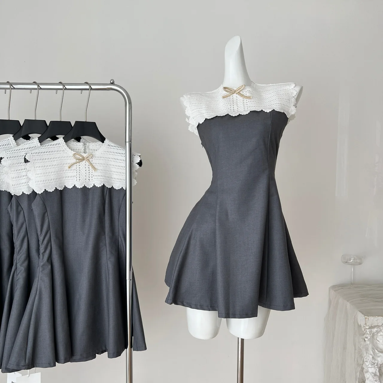 

Summer Women Sleeveless Design Mini Shoujo Girl Dress Korean Frock Party Evening Knit Patchwork Prom Gown One-Piece Graduation