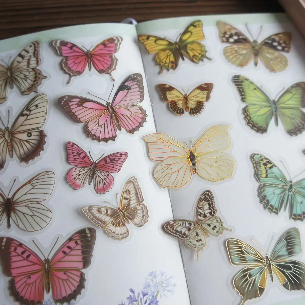 

15pcs Gold Line Pink Green Yellow Purple Butterfly Style PVC Sticker Scrapbooking Background DIY Gift Decoration Tag