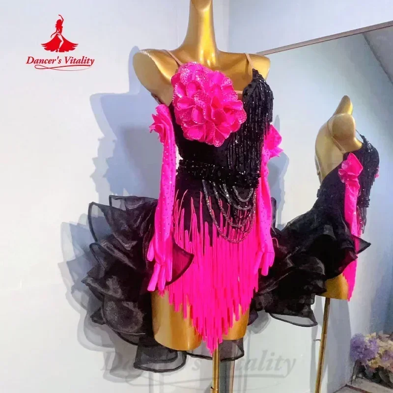 Vestido de dança latina com franjas para mulheres, vestidos personalizados de alta qualidade para competição de tango, samba, rumba, adultos e crianças, trajes de performance