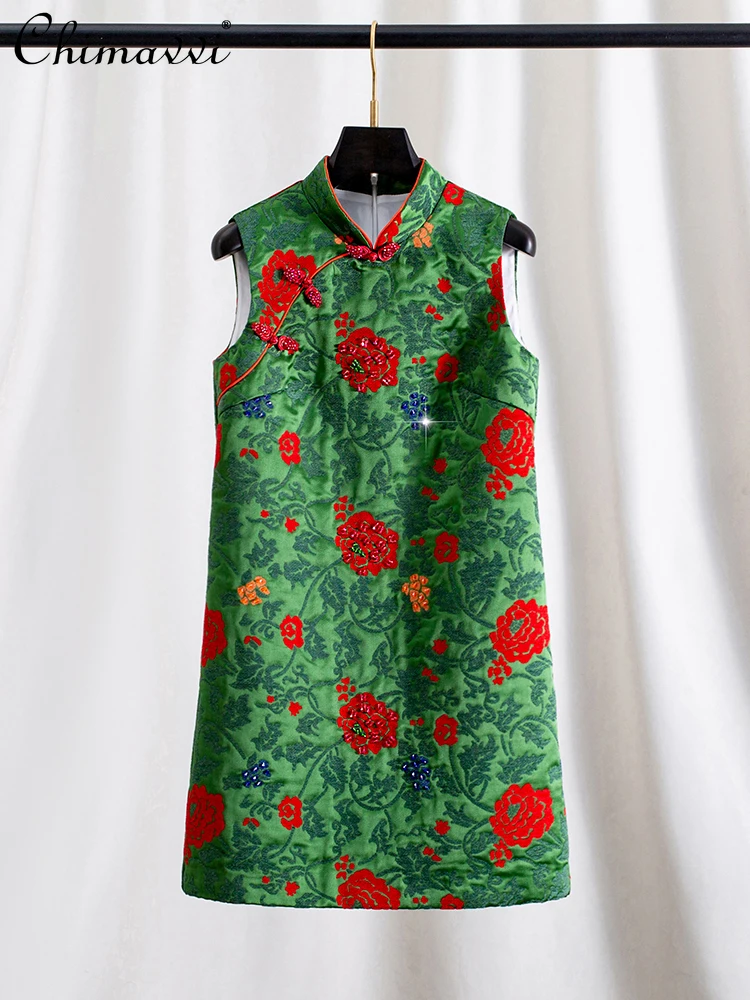 

New Chinese Style Elegant Retro Cheongsam Dresses Stand Collar Sleeveless Beaded Embroidery Slim A-line Short Dress Women Autumn