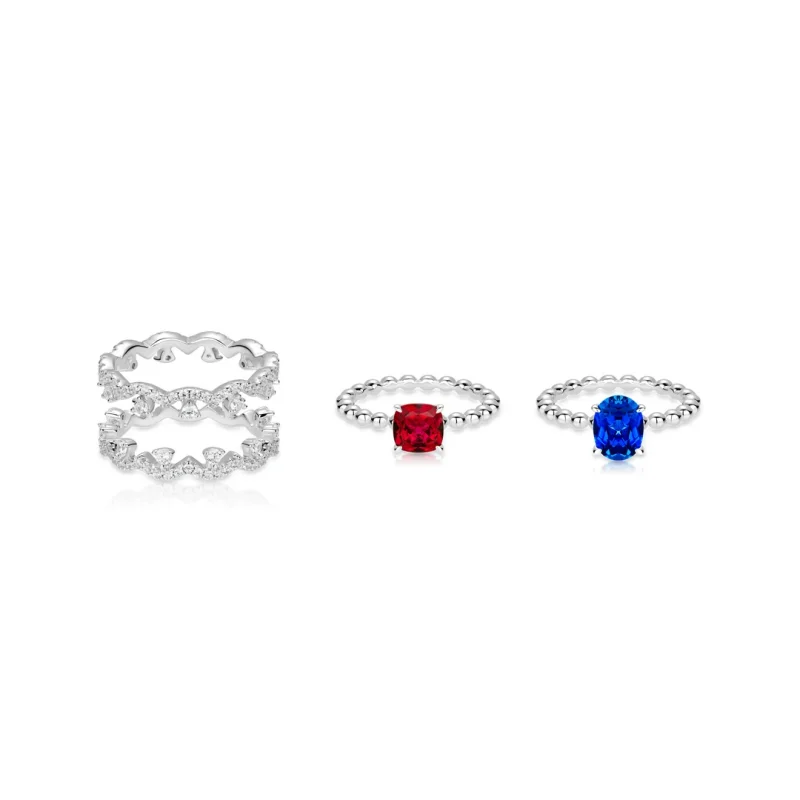 

Bellux 925 Silver Synthetic Zircon Ring Sapphire Ruby Four Claw Bead Full Diamond Multi Layer Stacked Set Ring