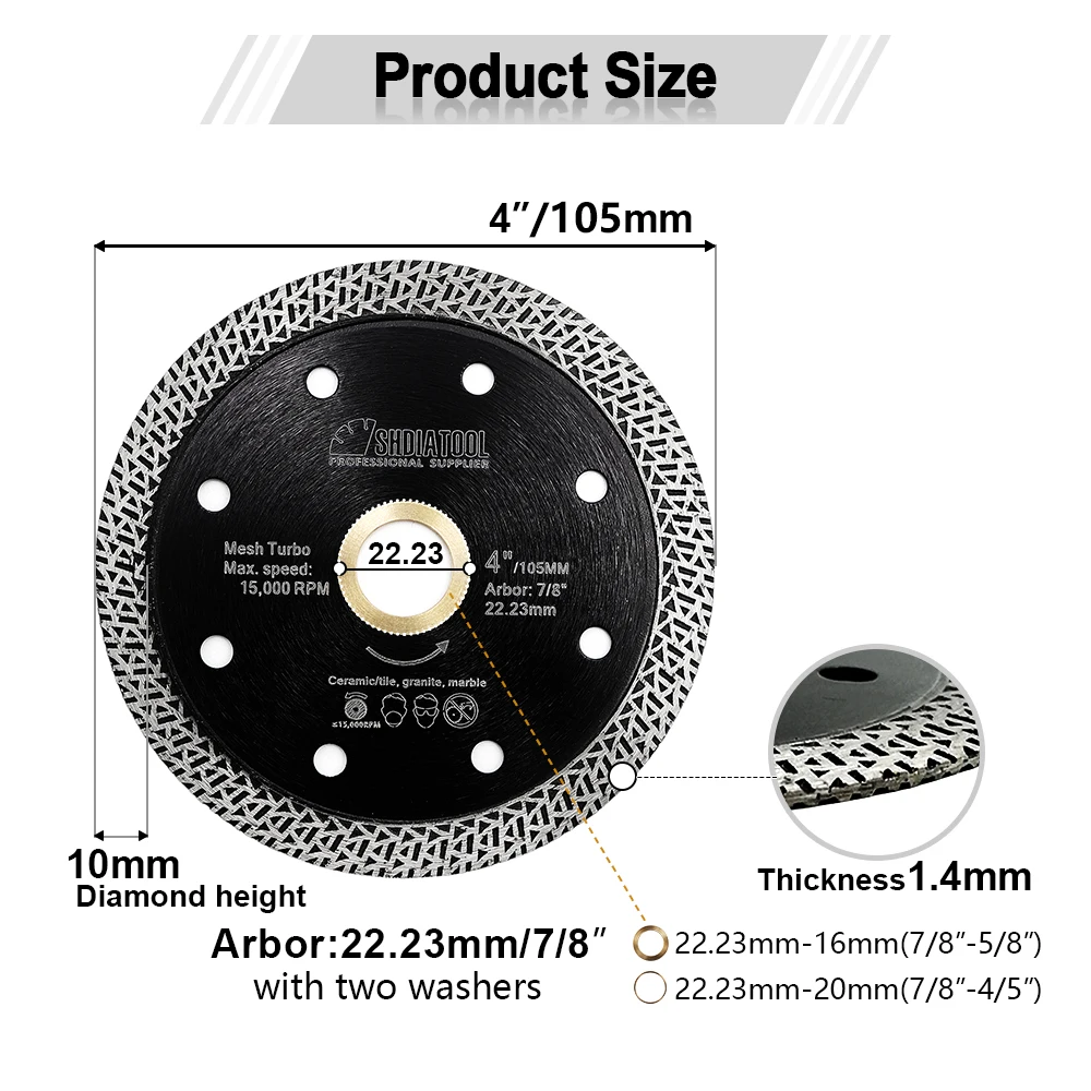 SHDIATOOL 5Pcs 4inch Mesh Turbo Diamond Saw Blade Marble Ceramic Tile Cutting Disc Porcelain Granite 105mm Circular Cutter Disc