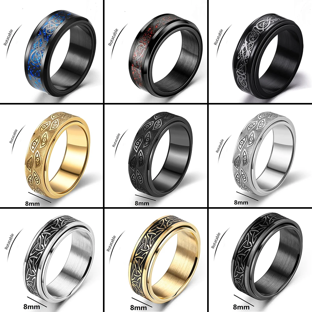 Viking Celtic Dragon Anti Stress Rotating Ring Man Stainless Steel Anxiety Relife Spinning Finger Ring Accessories Bague Homme