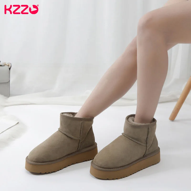 KZZO-Botas femininas de couro de camurça de carneiro, botas de neve forrado com lã natural, sola grossa, sapatos quentes, inverno