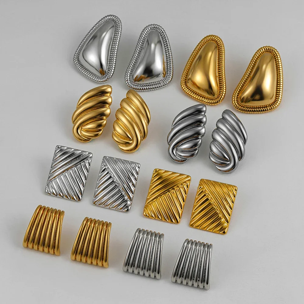 Vintage Stainless Steel Trapezoid Square Wing Geometric Stud Earrings for Women 18k Gold Plated Striped Pleated Texture Jewelry