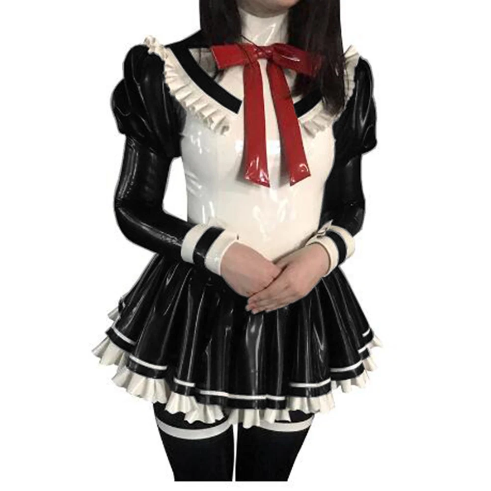 Maßgeschneidertes Mini-Kleid aus Gummi, sexy Latex-Dienstmädchen-Clubkleid, lange Puffärmel, Rüschen, Uniform-Outfit, Clubwear