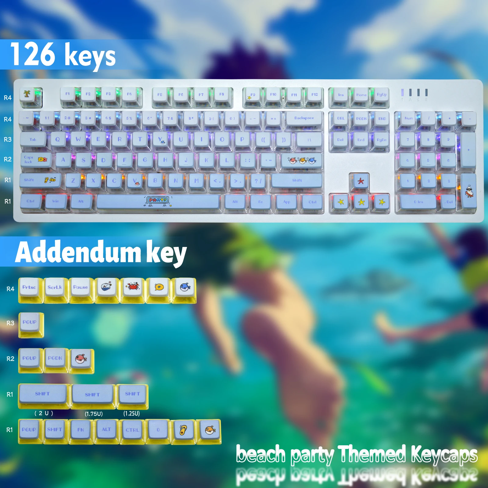 

Beach Party 126pcs ABS-PBT Keycaps OEM Profile Customized RGB Backlit Wireless Mechanical Gaming Keyboard Tranlucent Keycap Set