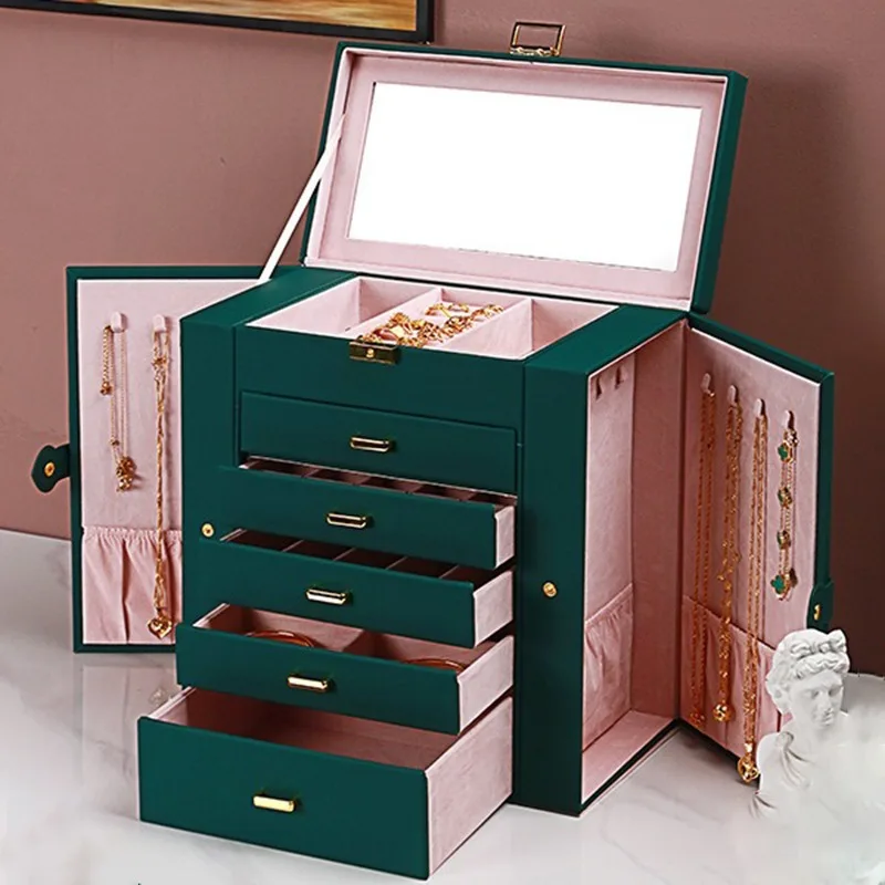 

Large Capacity Jewelry Storage Cases Velvet Necklace Earrings Boxes with Mirror Lock Jewelry Case Luxury Pendant Organizer Box