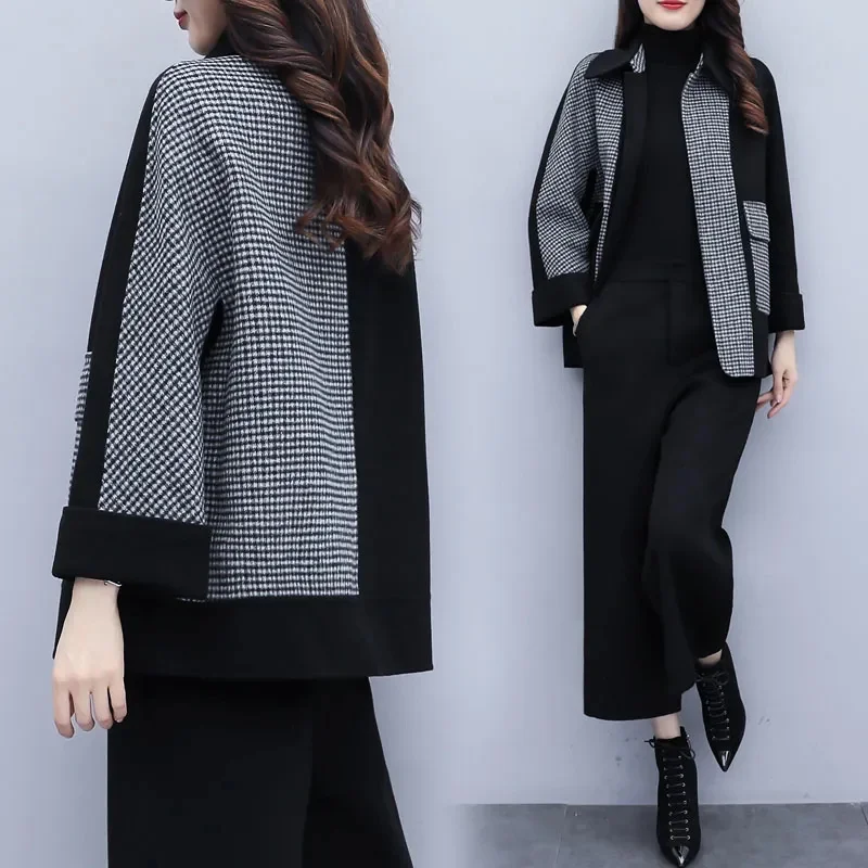 Single Piece/Suit Female New 2023 Autumn and Winter Woolen Two-Piece Set Plaid Coat Wide Leg Pants Fashion Suit Female Commuting