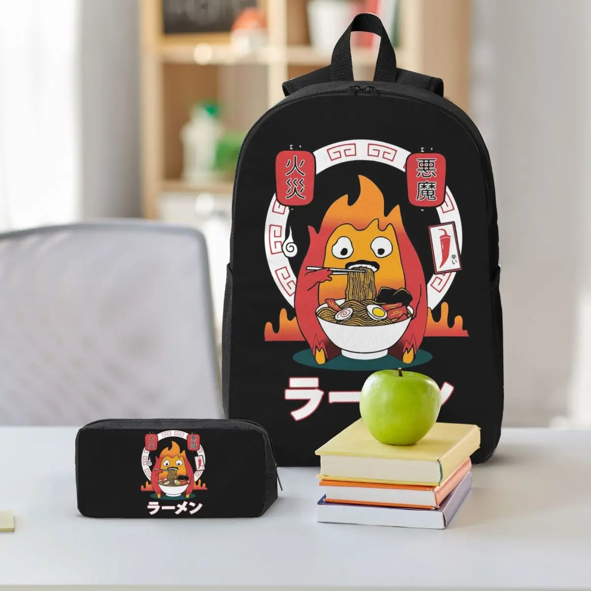 Spicy Calcifer Studio Ghibli Backpack Boys Girls BookBag School Bag Shoulder Bags 3ps Insulated Lunch Bag Pencil Case