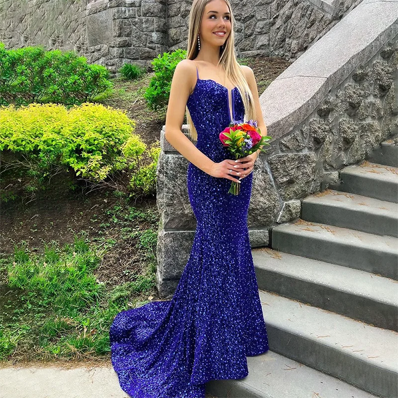 

BLUE Prom Dresses Sequin Illusion Slit Sweetheart Evening Gown Spaghetti Straps Mermaid Sweep Train Vestido De Noche for Women