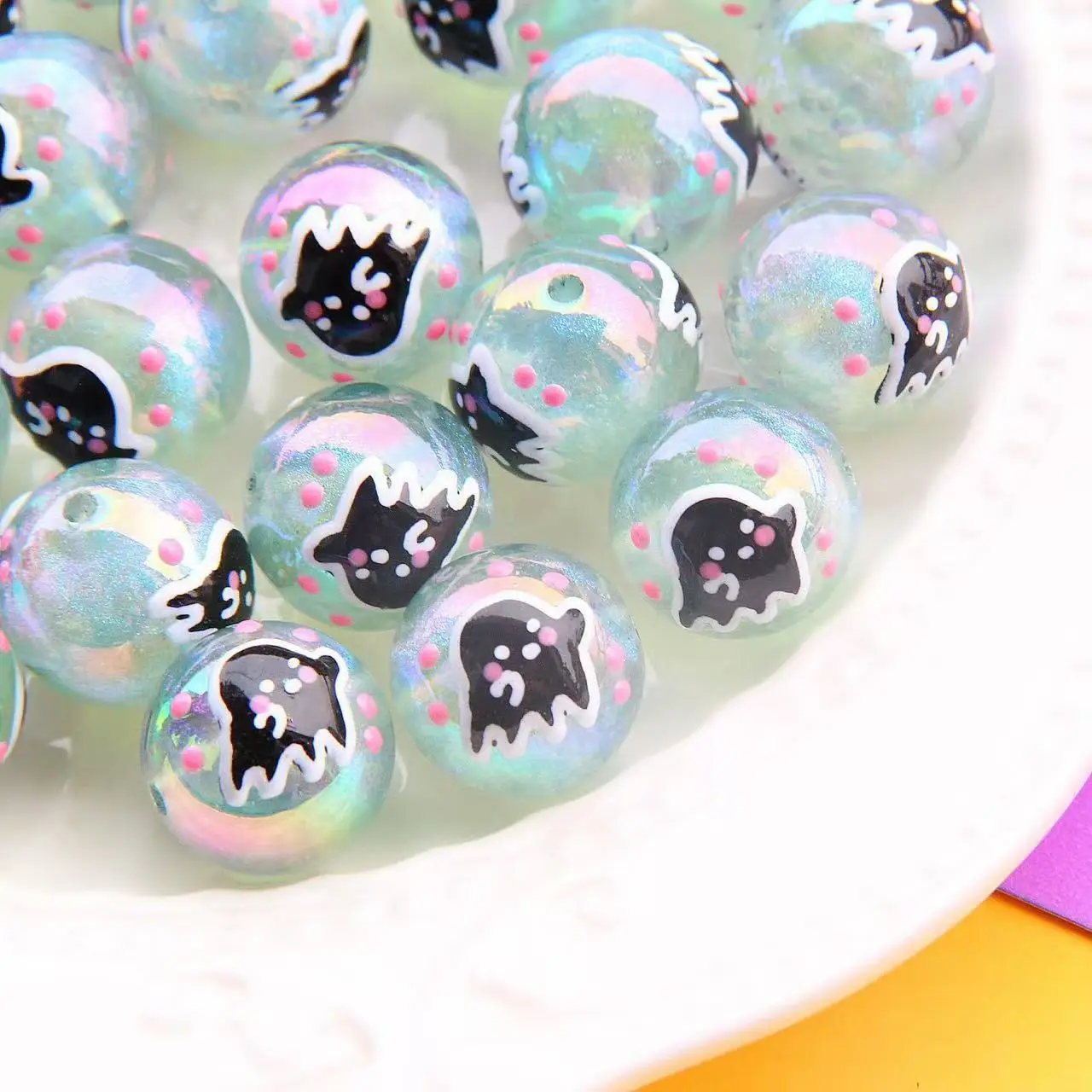 Z58 16mm Halloween-themed Cute Hand-painted pumpkin ghost Round Bead Handmade Beaded Mobile Phone Chain Bracelet Materials