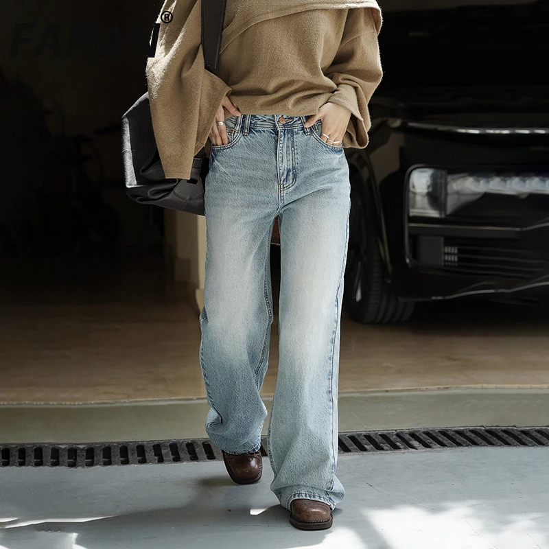 

FANAN модные потертые джинсы для женщин, прямые джинсовые брюки с высокой талией, офисные женские брюки, уличная одежда, лодки, новинка осени 2023 г.