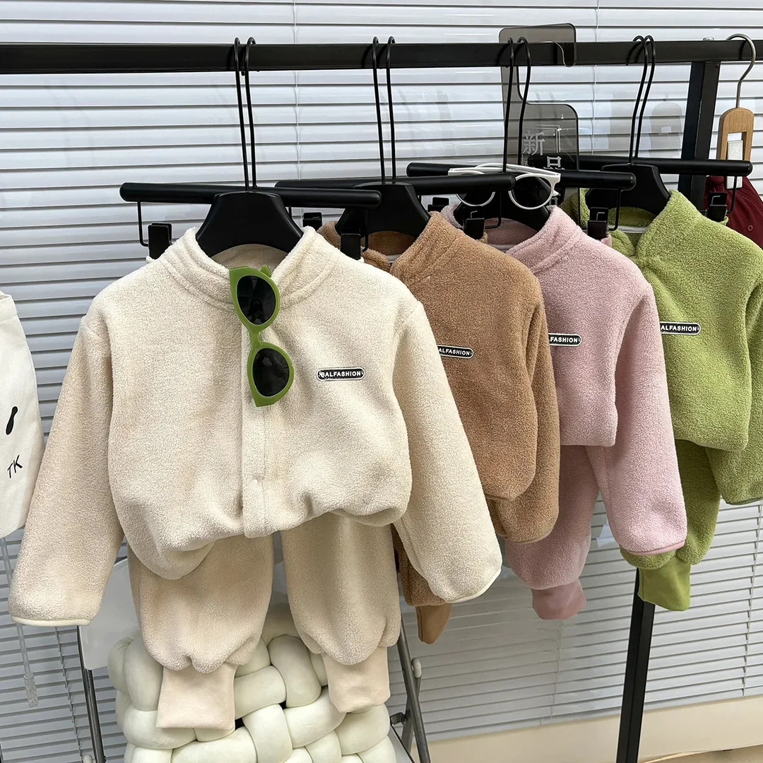 Autumn Winter Kids Thicken Fleece Clothing Sets Baby Boys Girls Solid Stand Collar Long Sleeve Jacket Coat with Pants Pajamas