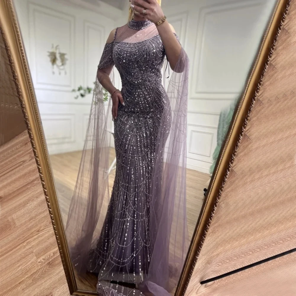 FATAPAESE Mermaid Luxury Dubai Evening Dress with Cape Sleeves Elegant Women Purple Wedding Formal Party Gown