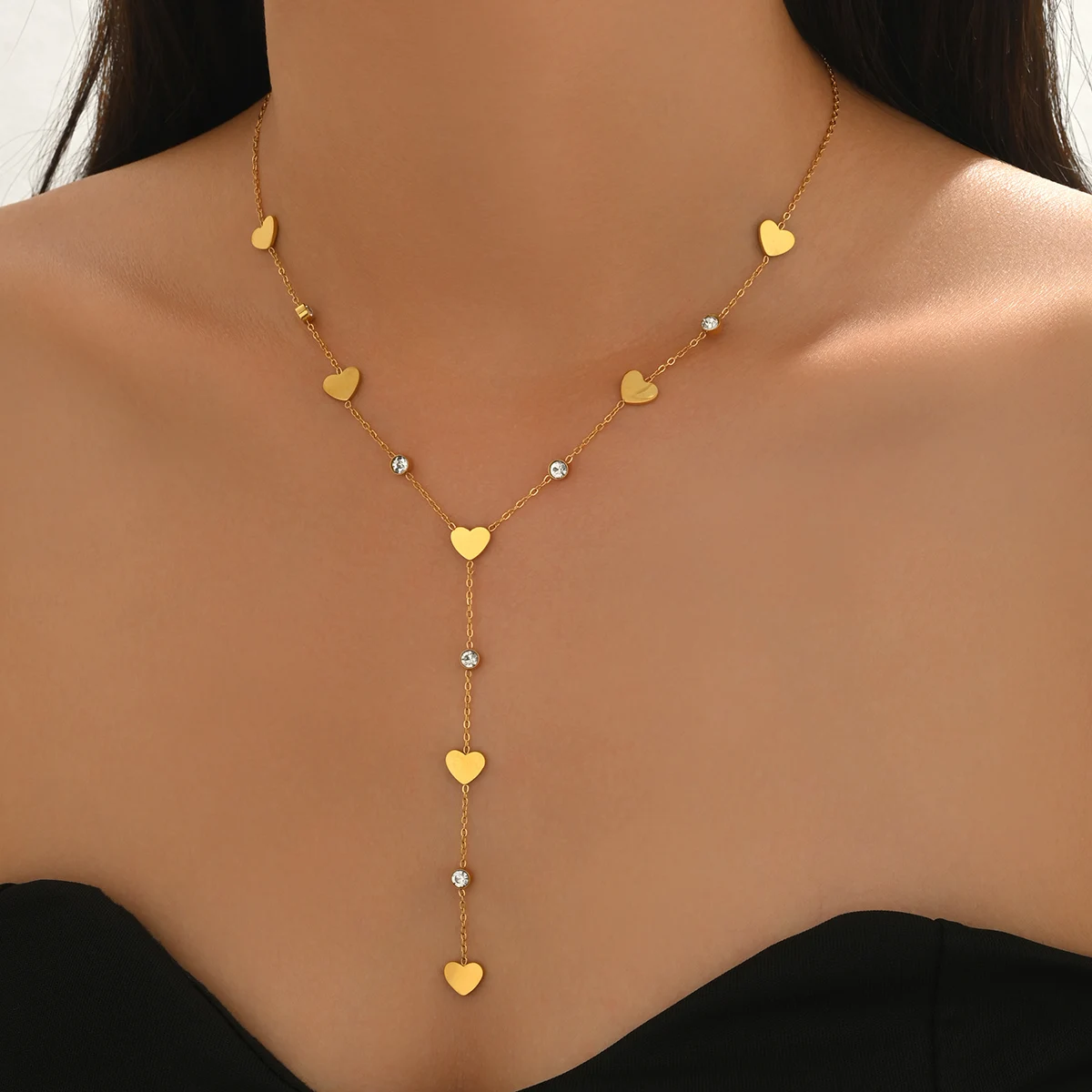 Lxalry 18K Gold-Plated Rhinestone Necklace, Recycled Steel, Simple, Hypoallergenic, Y-Shaped, Diamond-Studded Love
