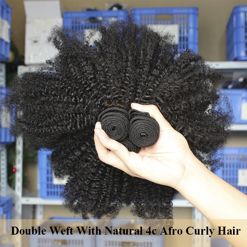 Mongolian Afro Kinky Curly Hair Bundles Natural Raw Human Hair Bundles With Closure 4B 4C Extension Weave Weft Hair For Blacks