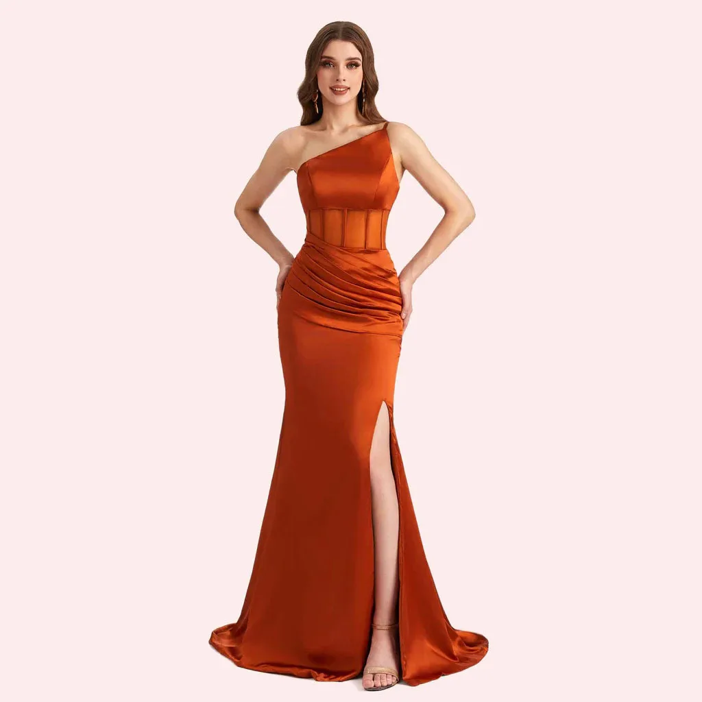 Mermaid One Shoulder Wedding Guest Dresses 2026 Side Slit Softy Satin Ruched Waist Long Bridesmaid Dress For Women Customized