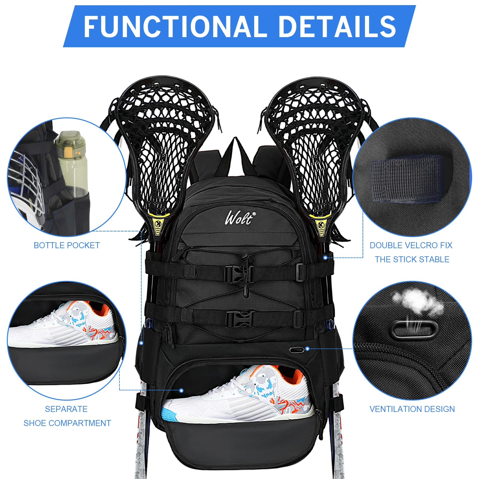 WOLT | Turf Lacrosse Backpack Bag- Lacrosse Bags- Extra Large Lacrosse bag with Two Sticks holder and Separate Cleats Compartmen