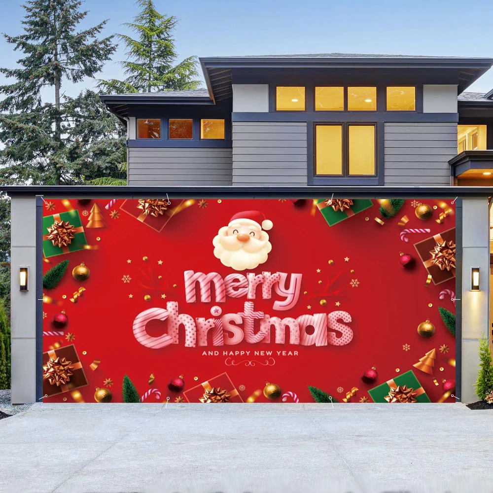 Merry Christmas Garage Wall Background Santa Red Glitter Bells Snowy Snowman Garage Door Frame Banner Outdoor Patio Decoration