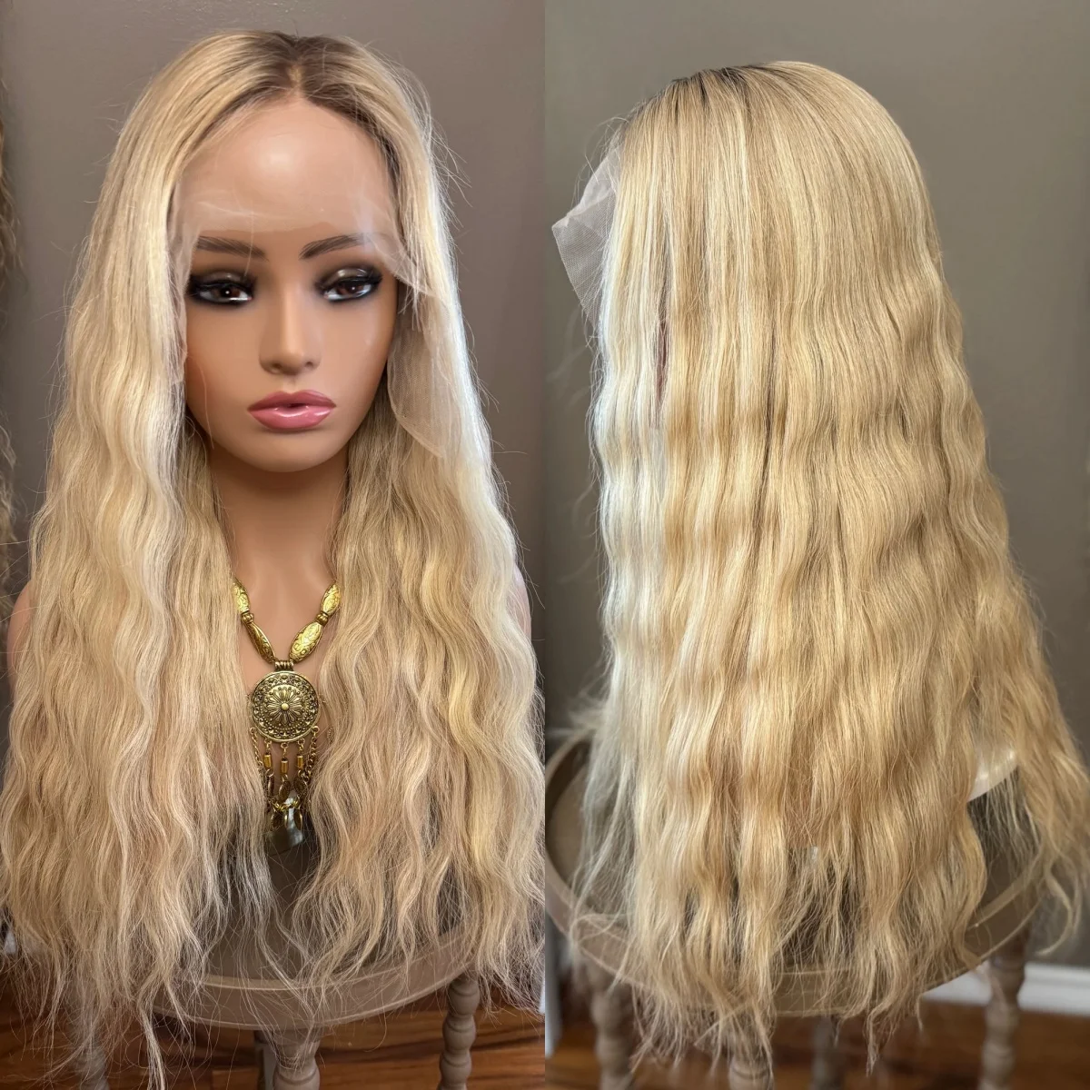 نظرة واقعية أشقر فاتح لينة الظل الجذر موجة عميقة شعر مستعار اصطناعي 24 "طويل طول شعر مستعار مختلط 13x4 HD الدانتيل شعر مستعار أمامي الاستخدام اليومي #1